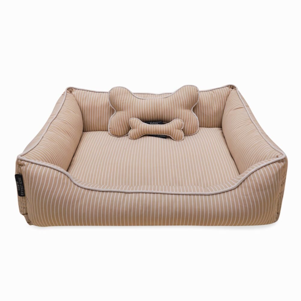 Pinstripe Beige Cotton Luxurious Dog Bed Removable Cotton Cover & Machine Washable Bed For Daily Use