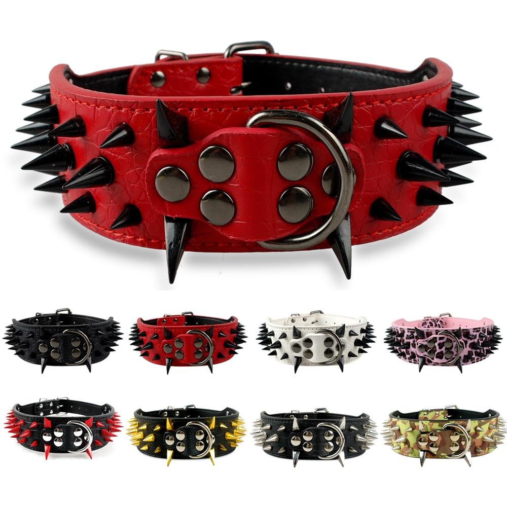 Studded leather collar with adjustable pointed spikes for medium and large dogs such as Pitbull. Bulldog. Boxer