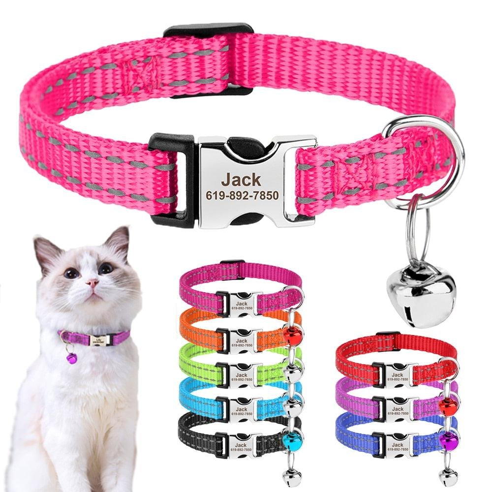 Personalized Reflective Molded Nylon Collar. ID Collar with Bell and Engraving for Cats. Small Dogs