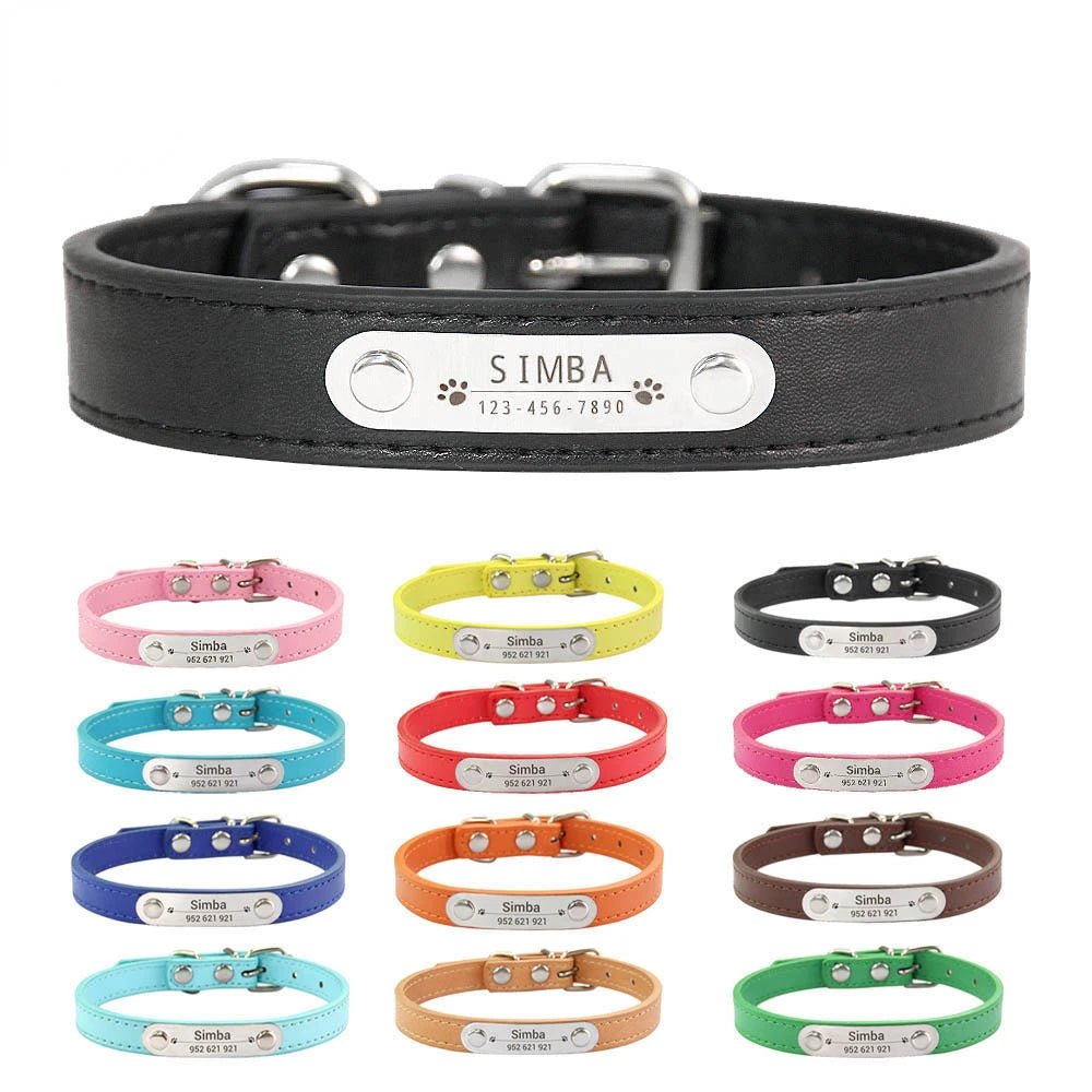 Personalized PU Leather Dog Collar with Anti-Lost ID Tag - For All Size Dogs and Cats