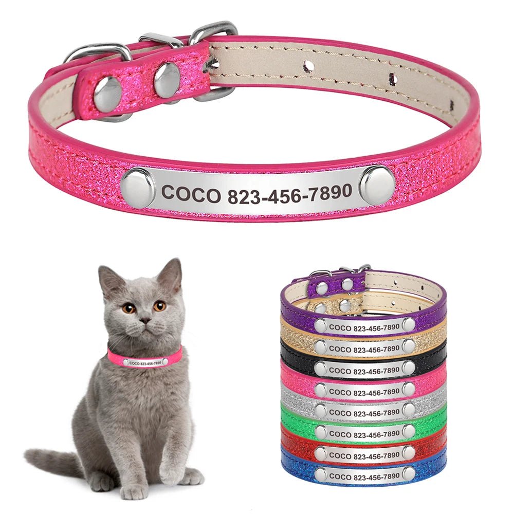 Personalized Leather Cat Collar with Free Engraving. Bling-Bling Kitten and Cat Collar. Identification Collars for Small Dogs and Cats